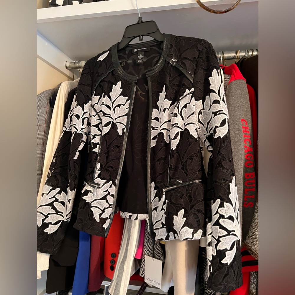 Black and white lace floral blazer with leather trim. Size S, INC